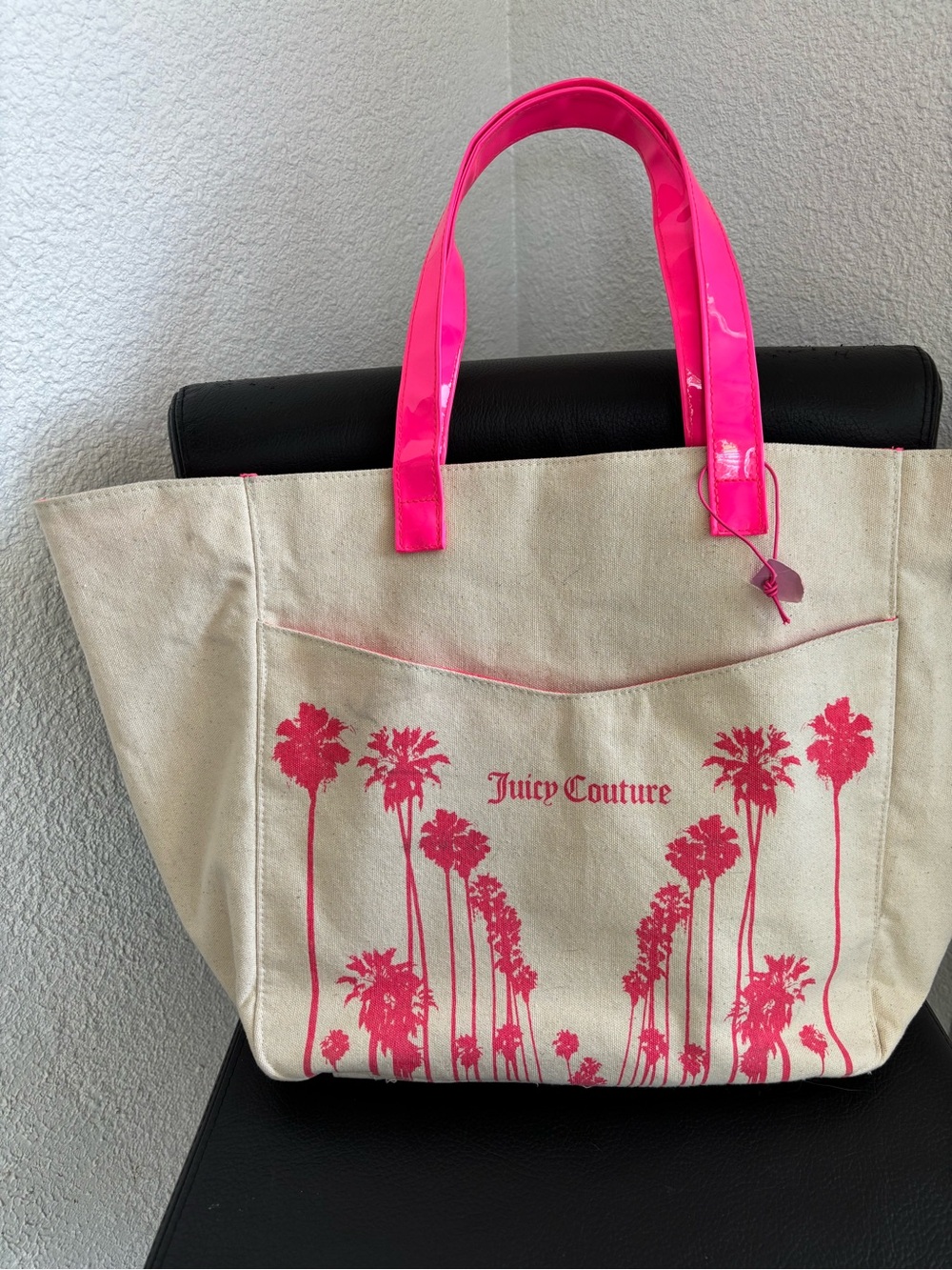 Juicy Couture Cream Canvas Tote with Hot Pink Palm Print and Glossy Pink Handles